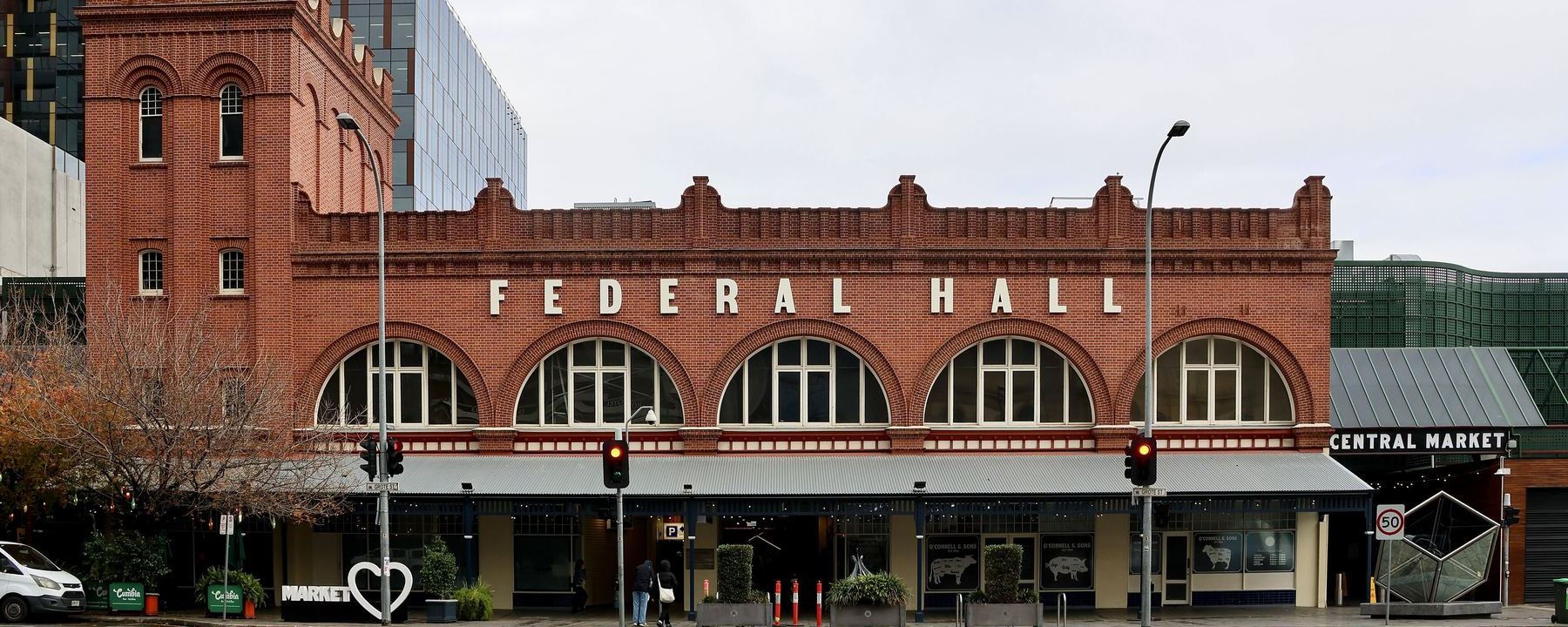 The heritage Federal Hall frontage of the Adelaide Central Market on Grote Street
